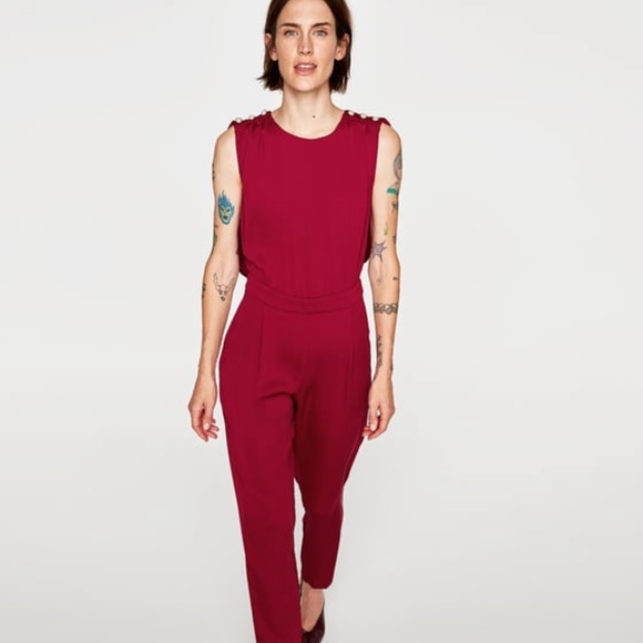sleeveless red jumpsuit